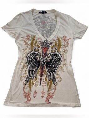 Brad Butter Y2K Women's Cotton V-Neck Graphic Tee with Winged Heart